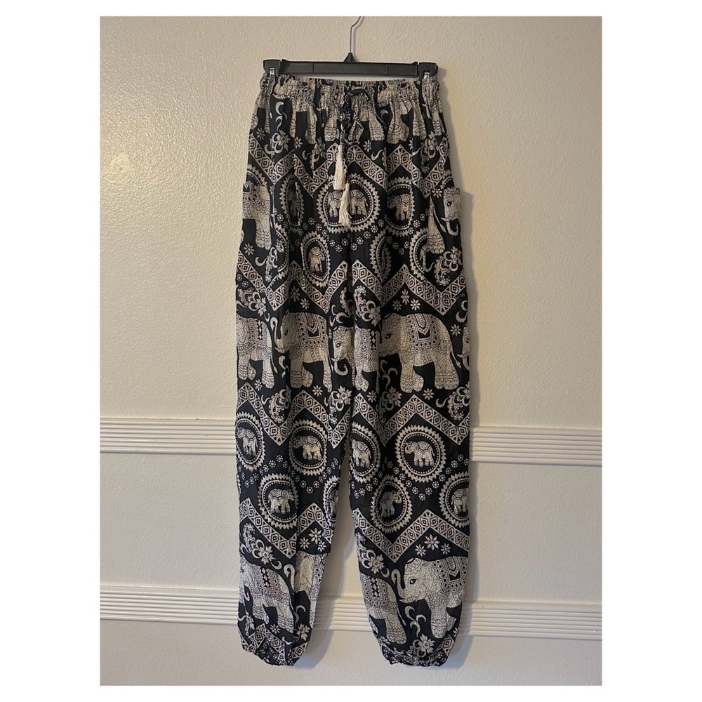 boho drawstring smocked waist elephant print pants
